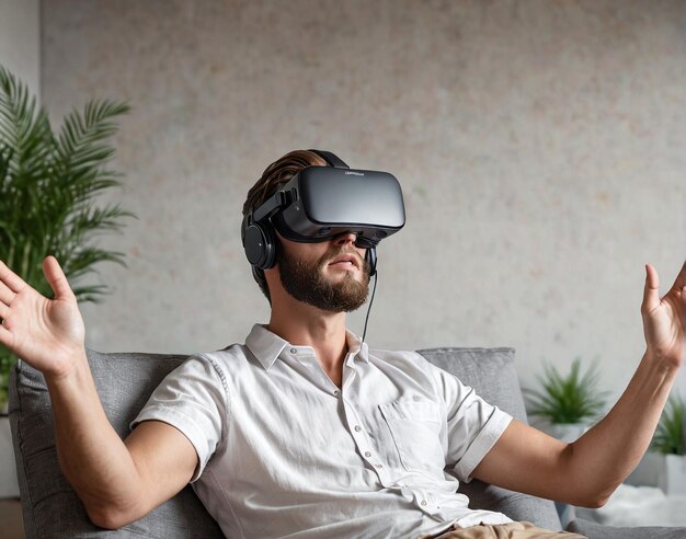 man in virtual glasses sitting on the couch