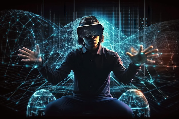 Man in virtual reality glasses in cyberspace of metaverse with 3D augmented reality of future Generative AI