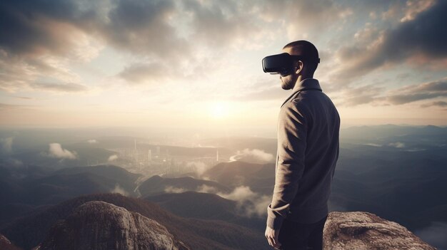 Photo a man in virtual reality glasses in a mind blowing futuristic world generative ai