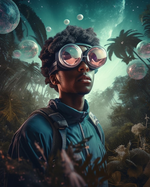 A man in virtual reality glasses in a mind blowing futuristic world generative ai
