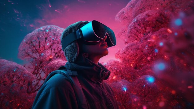 A man in virtual reality glasses in a mind blowing futuristic world generative ai