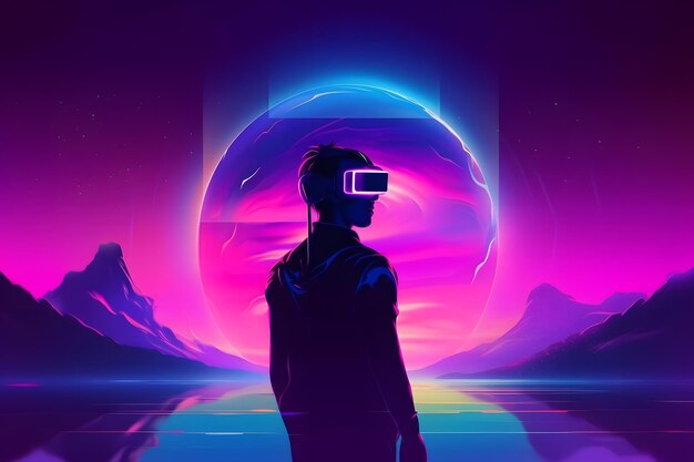 Photo man in virtual reality glasses in neon synthwave style neural network ai generated