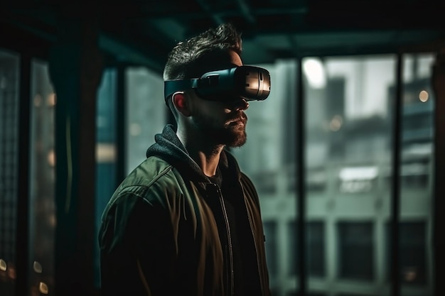Человек в очках виртуальной реальности путешествует по метавселенной Концепция метавселенной Генеративный ИИ