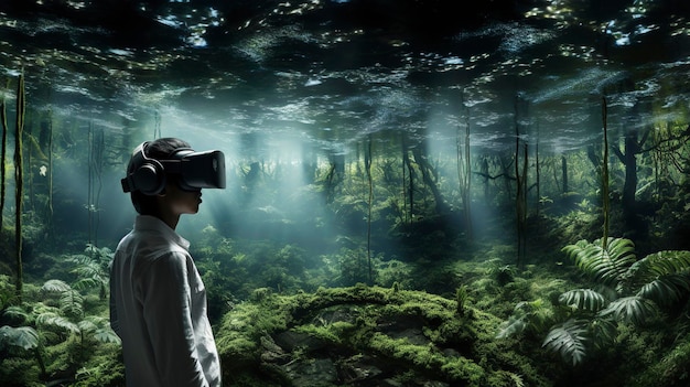 Foto un uomo con un auricolare di realtà virtuale guarda una foresta.