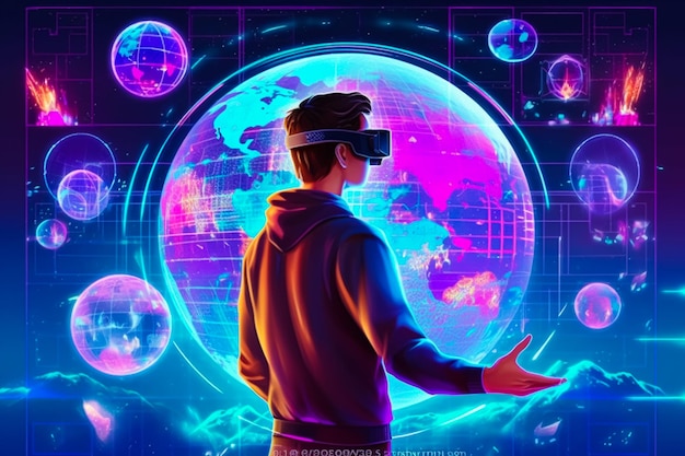 A man in a virtual reality headset looks at a globe with the words world on it.