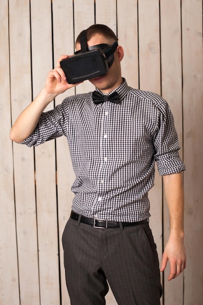 Man in virtual reality helmet. VR glasses.