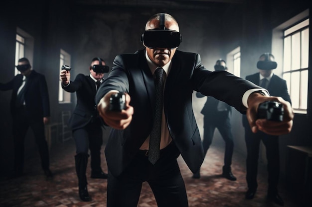 Photo a man in a virtual reality suit pointing a gun at a gun