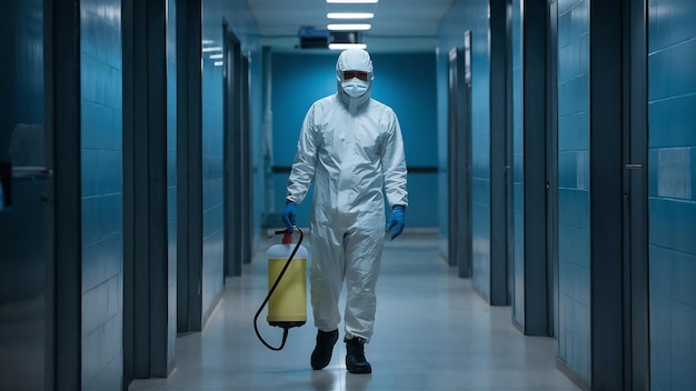 Man in virus protective suit and mask disinfecting buildings of coronavirus with the sprayer