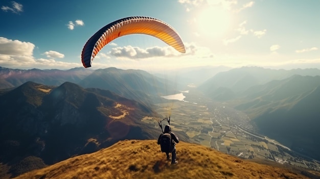 Man vliegt terug kijk naar de paragliding alleen in de zon