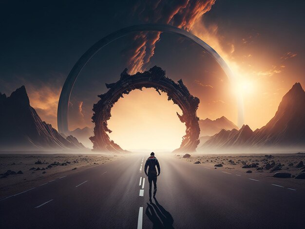 Man voor de ingang van de magische wereld Stenen poort Doorgang naar een andere wereld De deur naar een alien