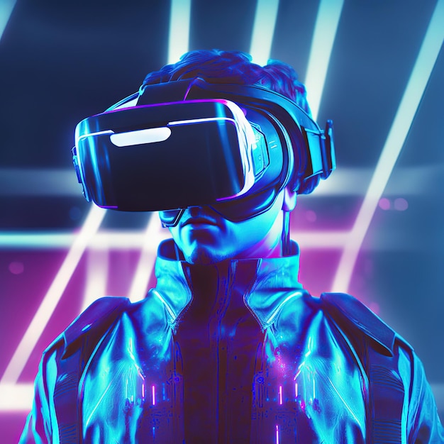 Man in VR AR 3d futuristic headset in virtual reality simulation in metaverse wearing cyberpunk style costume Neon rays in the background 3d illustration