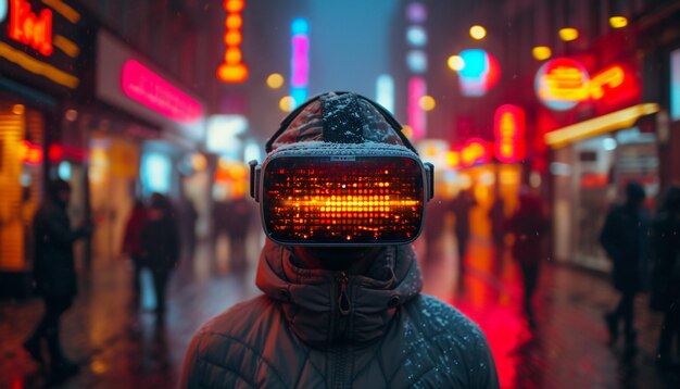 A man in vr glasses on a city street