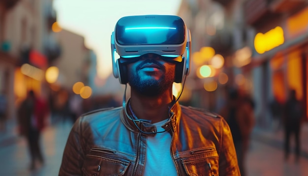 A man in vr glasses on a city street