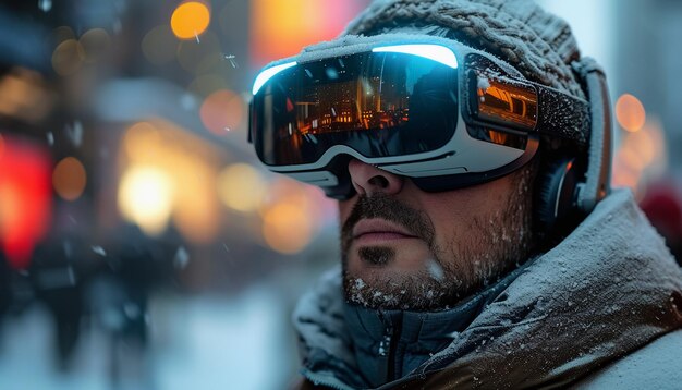 A man in vr glasses on a city street