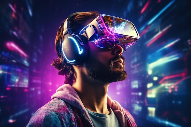 Man in VR Glasses with Global Internet Connection Generative AI