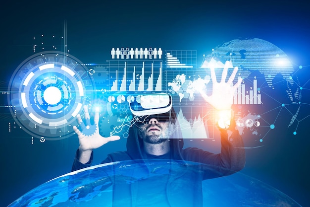 man in vr glasses works with data in night city