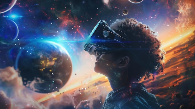 VRヘッドセットをかぶった男が宇宙の電気の青い惑星を見つめている