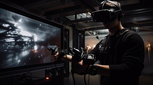 Foto un uomo con un visore vr tiene un controller davanti a un grande schermo che dice 