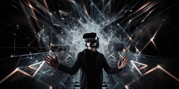 VR 헤드셋을 쓴 한 남자가 빛나는 배경을 가진 검은색 배경 앞에 서 있습니다.