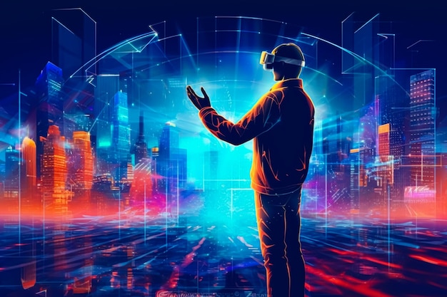 A man in a vr helmet looks at a cityscape.
