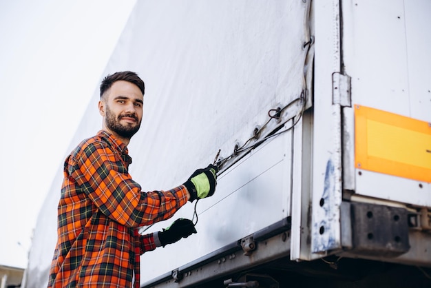 Man vrachtwagenchauffeur staat bij zijn vrachtwagen