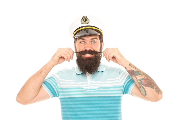 Foto man vrolijke kapitein matroos hoed reis rond de wereld gek op reisconcept