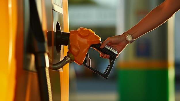 Man vult zijn oranje auto met benzine op een tankstation Tankstation pomp Om de auto te vullen met brandstof