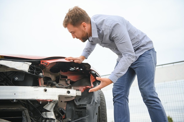 Man wait for insurance call center to help after a car crash accident on the road