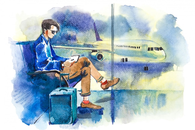 Man waiting boarding on aircraft sitting in airport lounge watercolor illustration