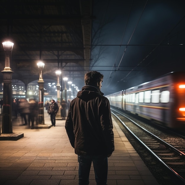 Man waiting for train on platform at night
