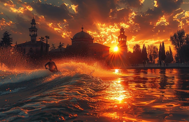 Man wakeboarding on lake at sunset