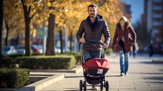 A man on a walk with a baby stroller