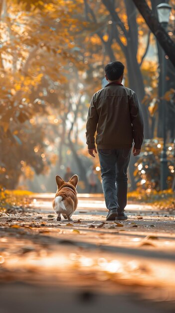 写真 公園で犬を散歩させる男