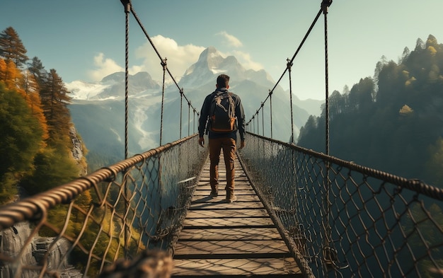 A man walking across a suspension bridge over a river AI