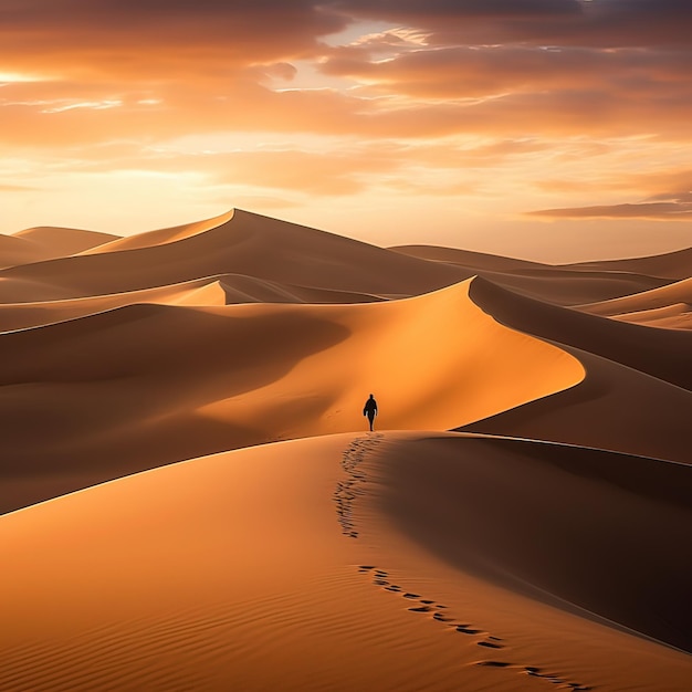 A man walking alone on the desert with the blue sky view Generative ai