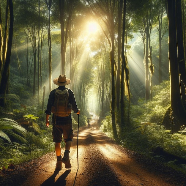 Man walking alone in forest and mountaineering