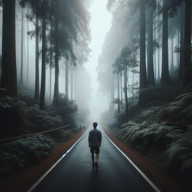 Man walking alone in forest and mountaineering