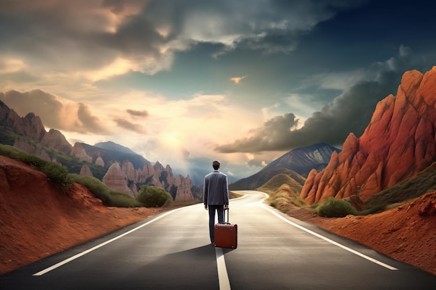 Man walking alone on a long road towards a bright future