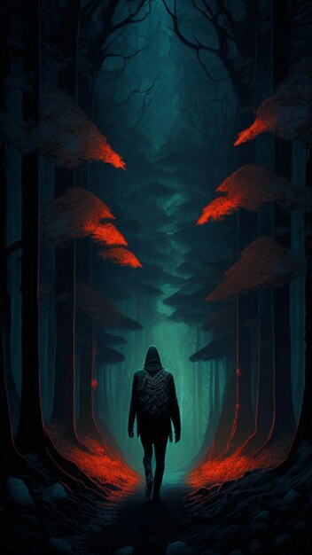 A man walking alone in a magical forest