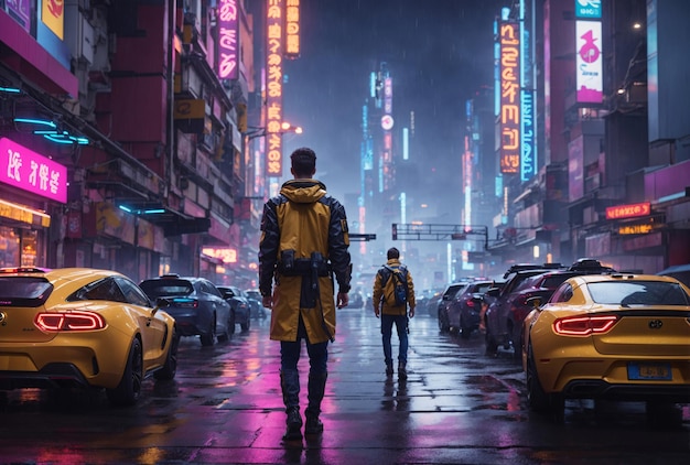 Man Walking Alone in The Raining Cyberpunk City