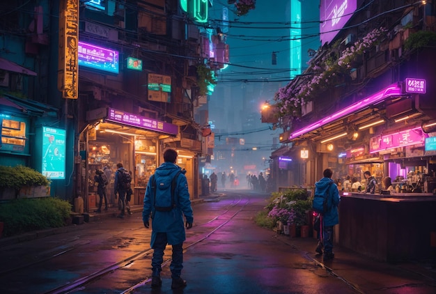 Man Walking Alone in The Raining Cyberpunk City