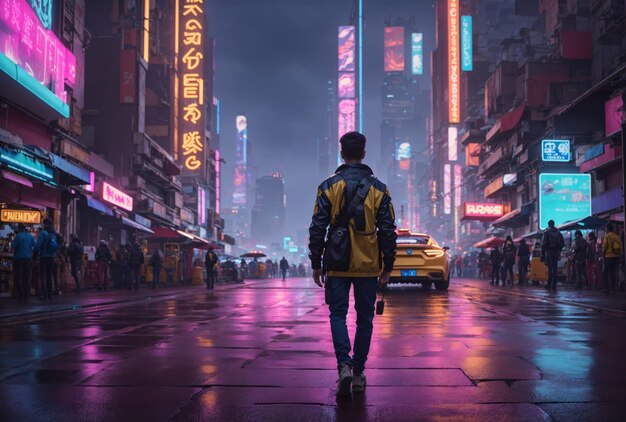 Premium AI Image | Man Walking Alone in The Raining Cyberpunk City