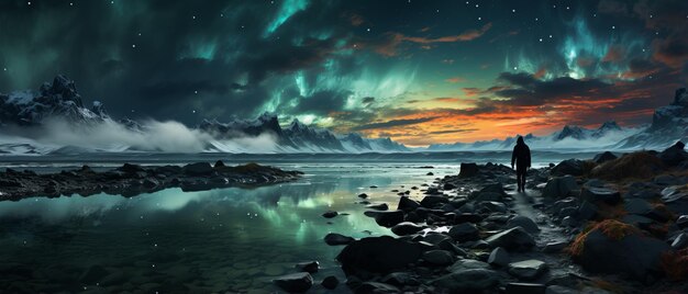 Man walking alone on a rocky beach at night with aurora borealis in the sky