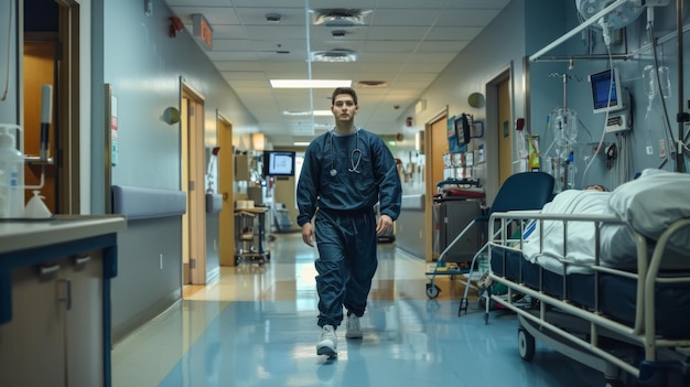 Man walking along hospital bed