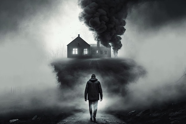 Man walking along road in fog and smoke horror house behind him