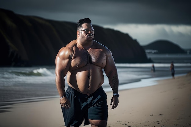 Photo man walking on the beach by day generative ai