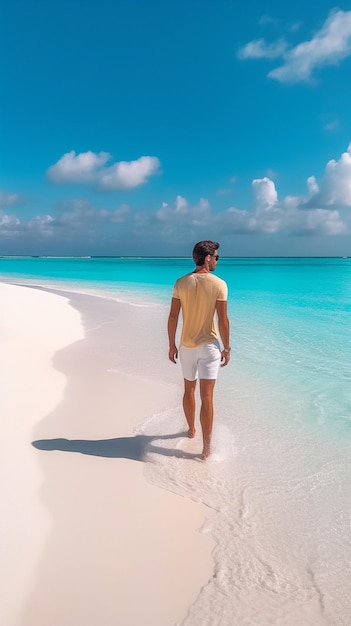 A man walking on a beach in the maldives