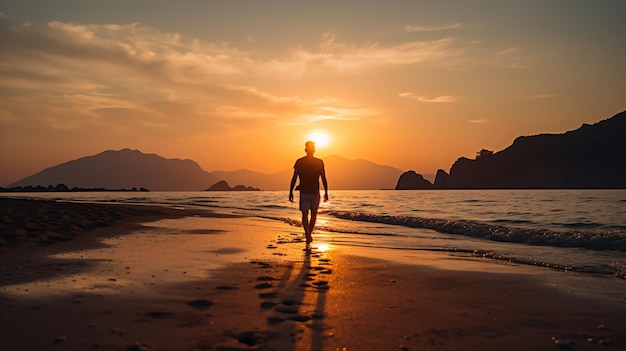 a man walking on a beach at sunset