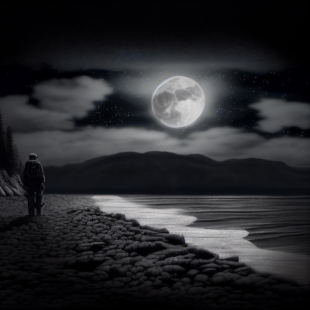 Premium AI Image | A man walking on a beach with the moon in the ...