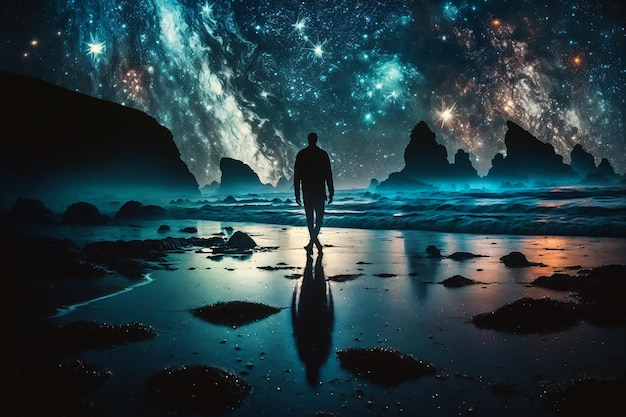 A man walking on the beach with the night sky in the background.